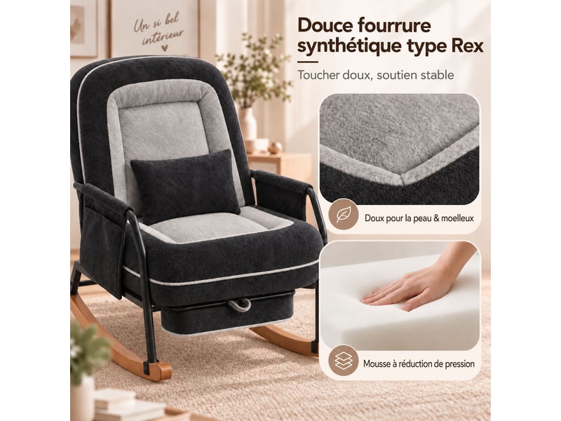 Fauteuil à bascule moderne avec dossier inclinable 100°-160°, repose-pieds escamotable, coussin en fausse fourrure de lapin,noir  - Conforama C