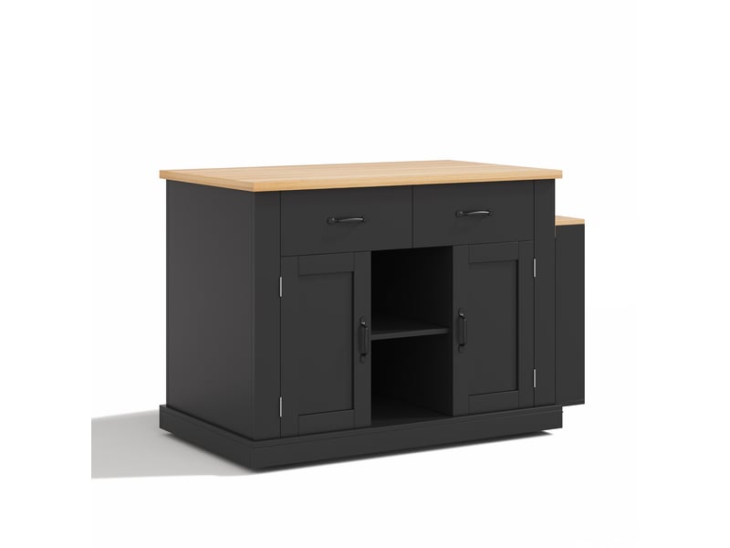 Îlot de cuisine extensible, table coulissante de 115 cm, 2 tiroirs, 2 portes, prises usb, roulettes, noir et bois - Conforama A