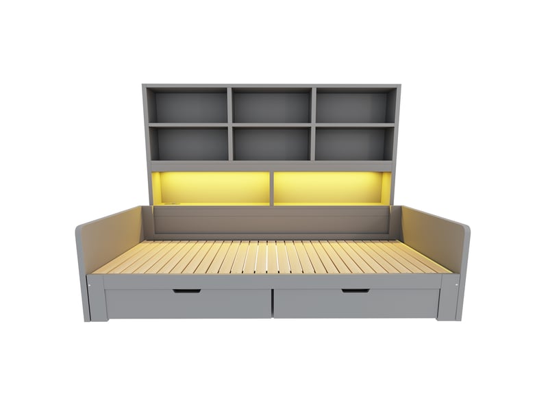 Canapé-lit extensible 90/180×200 cm avec led, rangements et tiroirs, gris - Conforama A