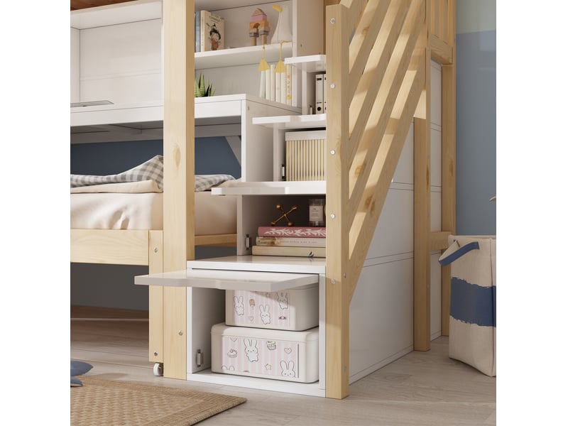  Lit superposé enfant 90x200 et 90x190 cm blanc et bois clair, bureau mobile et lit gigogne, sans matelas  - Conforama D