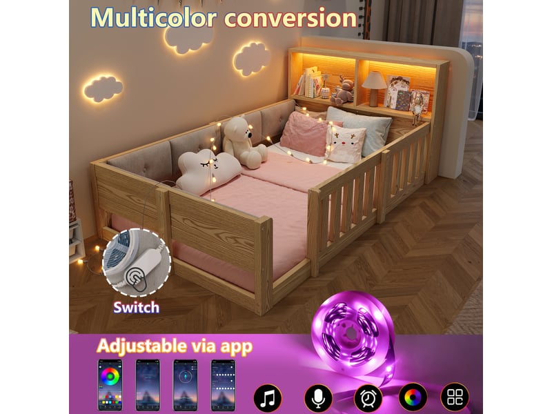  Lit au sol enfant 90x200 cm, barrières sur 4 côtés, dossier rembourré, tête de lit avec étagères, led, bois naturel Radiant Stride - Conforama E