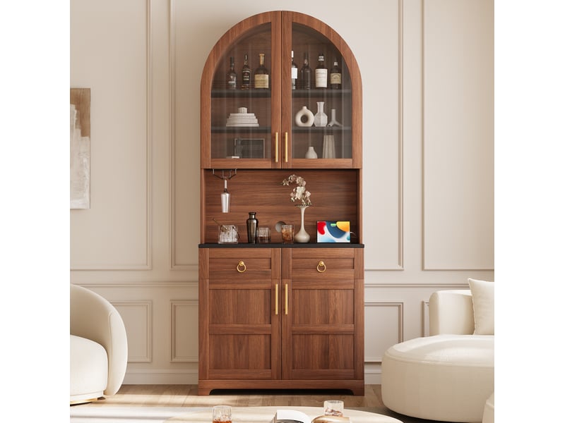  Buffet 80x40x180 cm avec vitrine en verre cintrée, éclairage led, prise intégrée et usb, 2 tiroirs, mdf, coloris noyer  - Conforama B