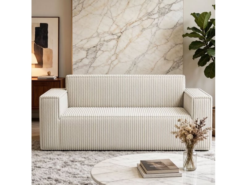 Canapé droit 2 places 178x86x70 cm en velours côtelé blanc cassé  - Conforama W