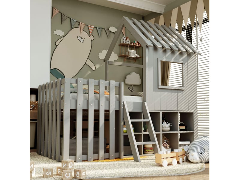  Lit cabane tcqpz enfant 90 x 200 cm avec toit, fenêtres, échelle et rangement ouvert sous le lit bois gris  - Conforama B