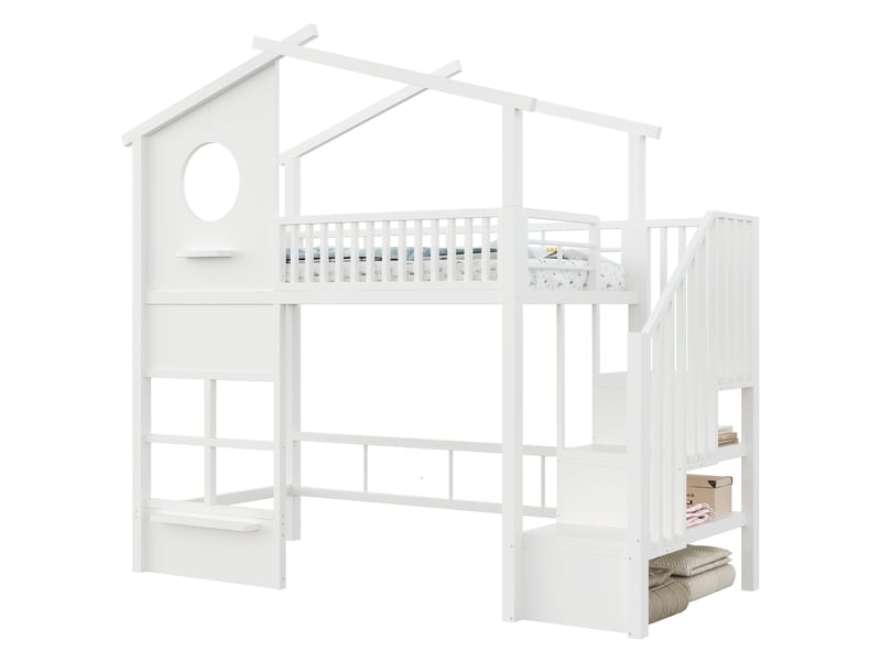 Lit mezzanine 90x200 cm maison avec escalier de rangement, led, coloris blanc - Conforama A