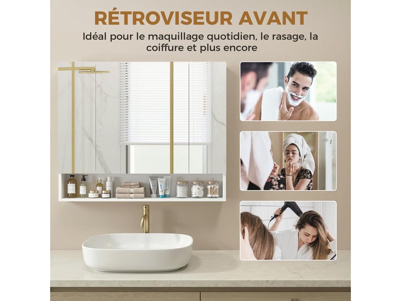  Armoire murale salle de bain avec miroir, armoire de toilette 3 portes miroir, étagères réglables, blanc, 90x15x75cm  - Conforama W
