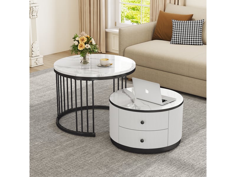  Table basse gigogne effet marbre brillant, lot de 2 tables rondes avec 2 tiroirs, blanc  - Conforama R