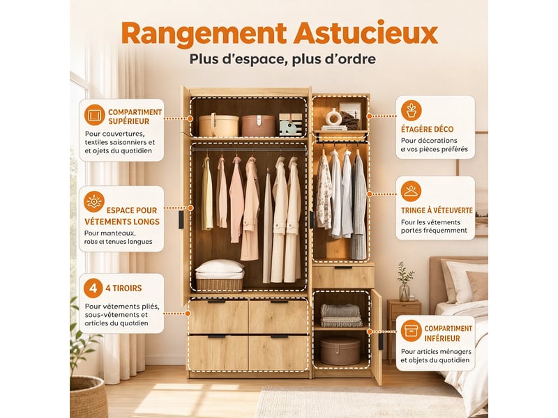  Vestiaire d'entrée 135 x 47 x 200 cm avec 2 tringles, 3 portes, 5 tiroirs, miroir et éclairage led pour chambre, anthracite et chêne  - Conforama E
