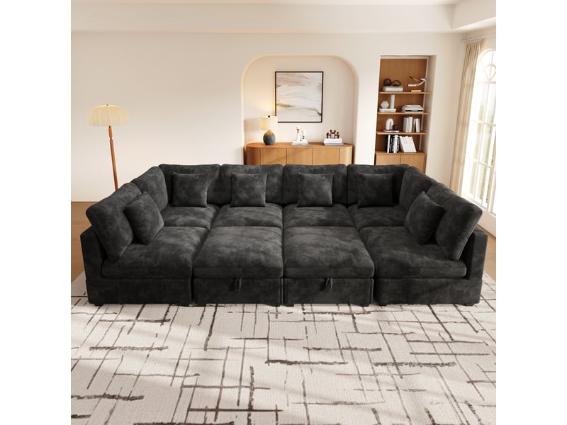  Canapé d’angle modulable avec rangement xl 8 places 292 x 220 x 81 cm grand canapé en l avec méridienne et pouf chenille gris  - Conforama C