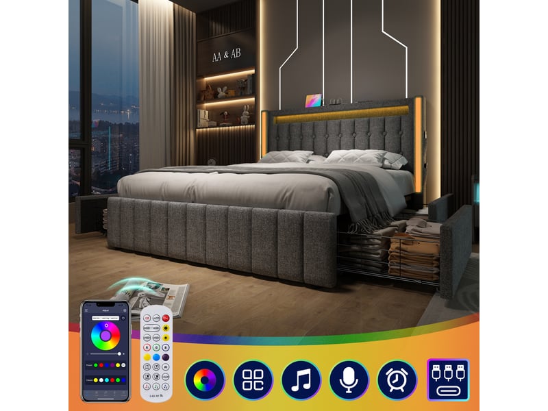  Lit rembourré 160x200cm avec usb-c, led et 4 tiroirs, lit double avec matelas, gris, cadre en lin robuste  - Conforama D