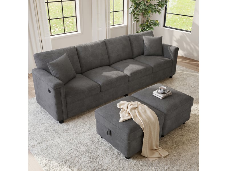  Canapé modulaire 6 places avec usb, port usb-c, 2 poufs de rangement et coussins en chenille gris  - Conforama B