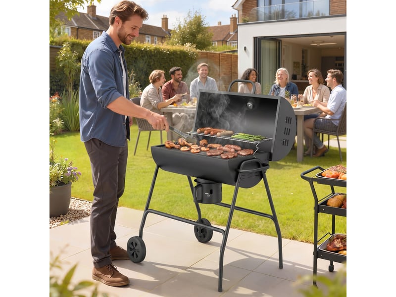  Barbecue au charbon avec couvercle, thermomètre et roues, 95 x 71,5 x 102 cm  - Conforama C