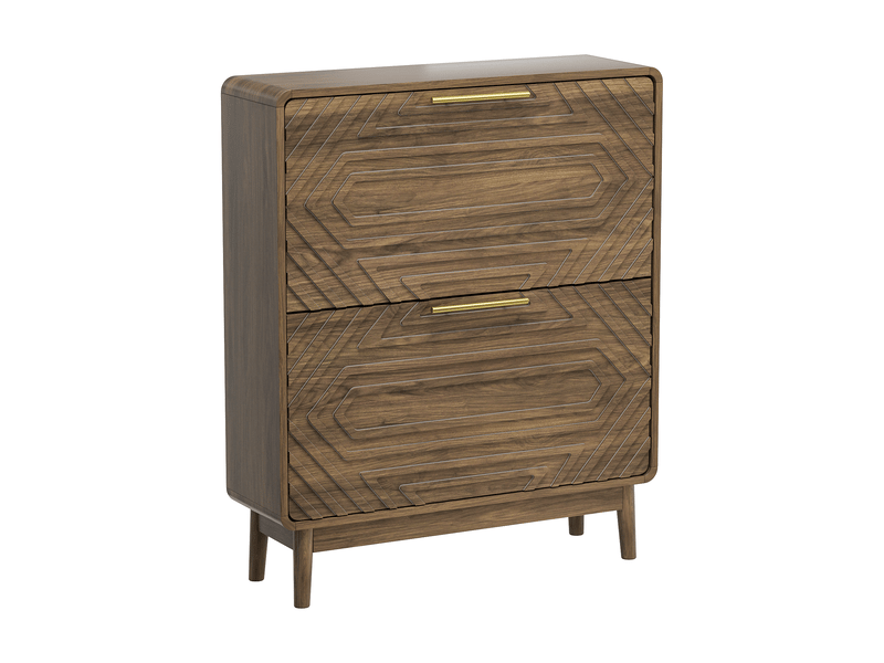  Meuble à chaussures noyer 80 cm, style mid-century, 2 tiroirs basculants avec rangement entrée  - Conforama A