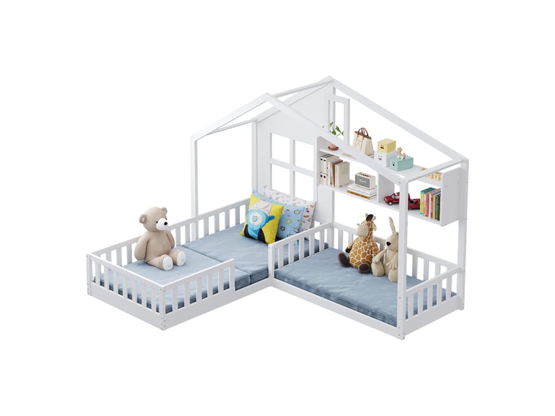  Lit cabane blanc en bois massif, 90×200 et 140×70 cm, avec étagères et fenêtres, led et barrière, sommier inclus  - Conforama A