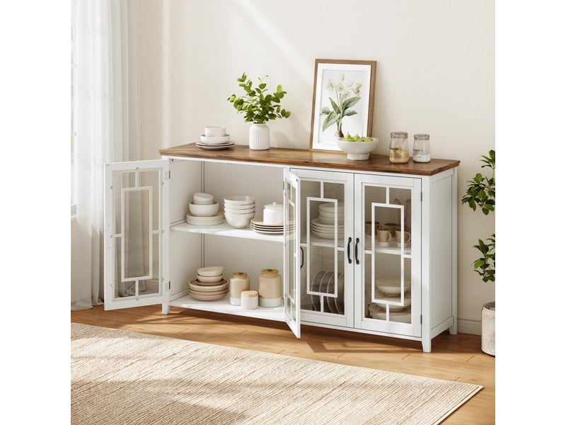  Buffet de cuisine 160 cm blanc avec plateau effet bois, meuble de rangement 4 portes en verre pour salle à manger  - Conforama D