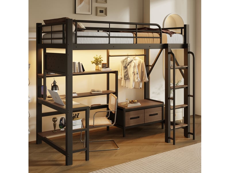  Lit mezzanine enfant 90x200 cm noir en métal et mdf, bureau, led et rangements, style industriel, sans matelas  - Conforama B