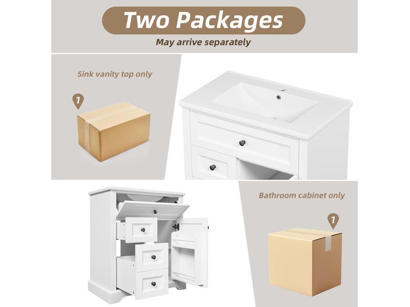  Meuble vasque de salle de bains blanc 76 cm avec lavabo en céramique, 3 tiroirs et rangement réglable  - Conforama D