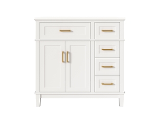 Meuble vasque blanc mdf et céramique 90×46×87 cm, pieds bois massif, poignées dorées, 4 tiroirs, 1 abattant et 2 portes