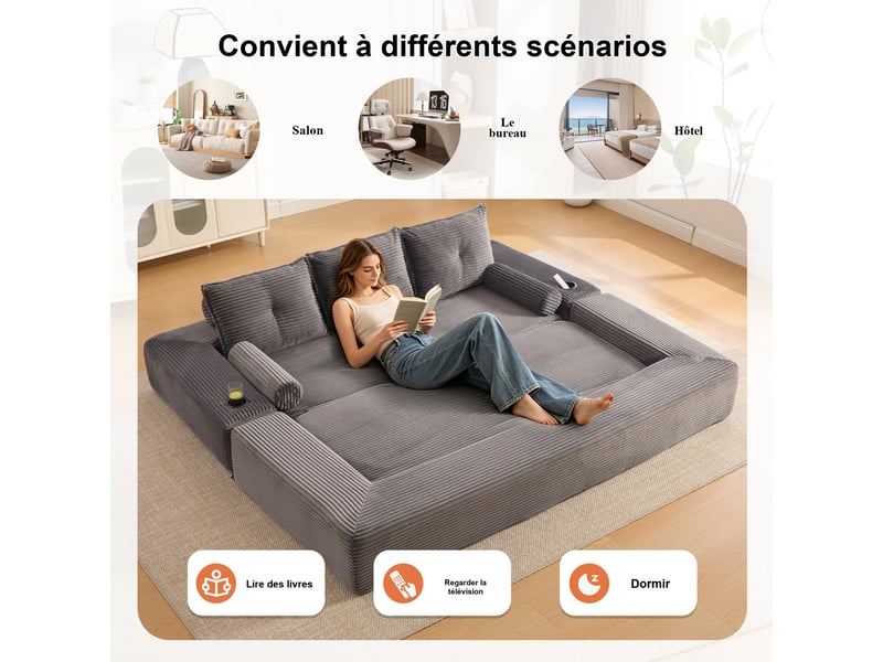 Canapé droit convertible 3 places en velours côtelé gris foncé 232x98x80 cm, poches, porte-gobelets, salon 232x98x80cm - Conforama R