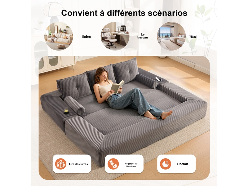  Canapé droit convertible 3 places en velours côtelé gris foncé 232x98x80 cm, poches, porte-gobelets, salon 232x98x80cm - Conforama R