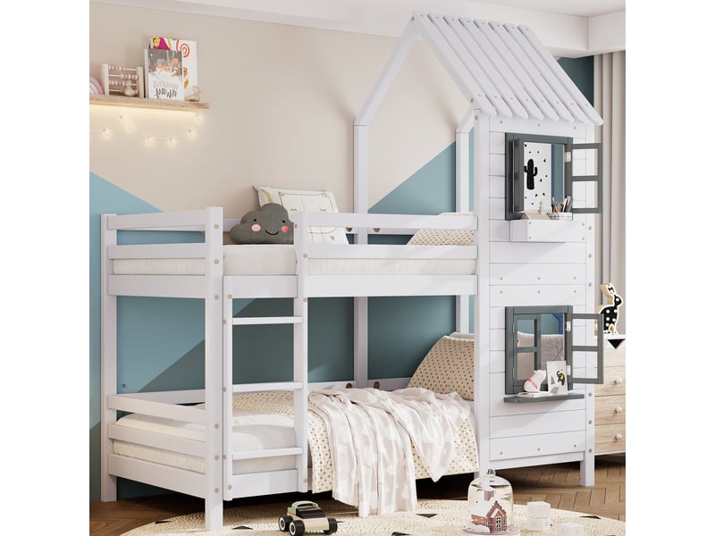 Lit superposé cabane enfant 2 x 90 x 200 cm avec fenêtres ouvrantes, escalier latéral 3 marches avec rampe, garde-corps, pinmdf, blanc - Conforama C