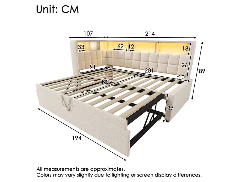  Lit banquette 90x200 cm – beige – lit gigogne, led, rangement, usb-c et enceinte bluetooth – sans matelas  - Conforama C