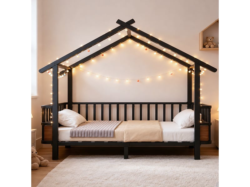 Lit simple 90x200 cm, lit enfant, barrière antichute, forme maison, métal noir  - Conforama E