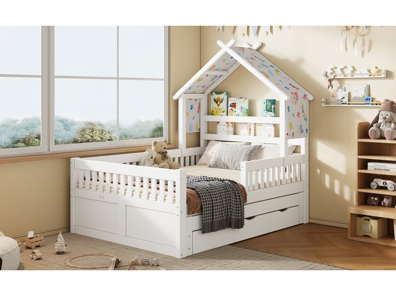 Lit cabane enfant 140x200 cm, lit gigogne, lit 2 place, 3 tiroirs, barrières, pour chambre, bois+mdf, blanc sans matelas  - Conforama B