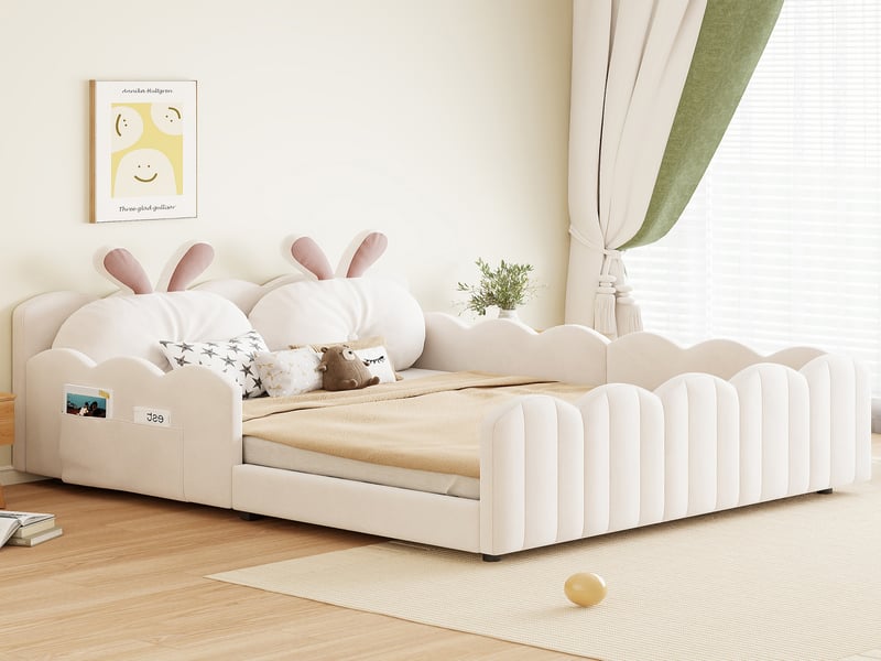 Lit plateforme rembourré 140x200 avec coussins en forme de lapin, beige - Conforama B