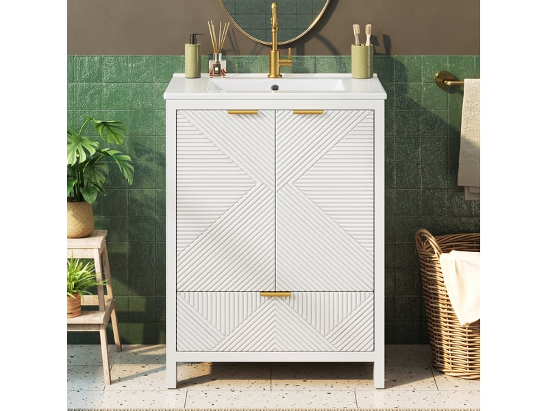 Meuble vasque de salle de bain 61x47x87 cm – blanc – rangement multi-zones avec lavabo céramique et soft-close - Conforama D