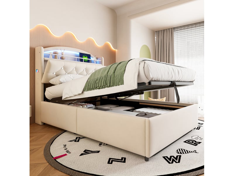 Lit enfant coffre 90x200 cm avec led, usb et usb-c en tissu beige - Conforama B