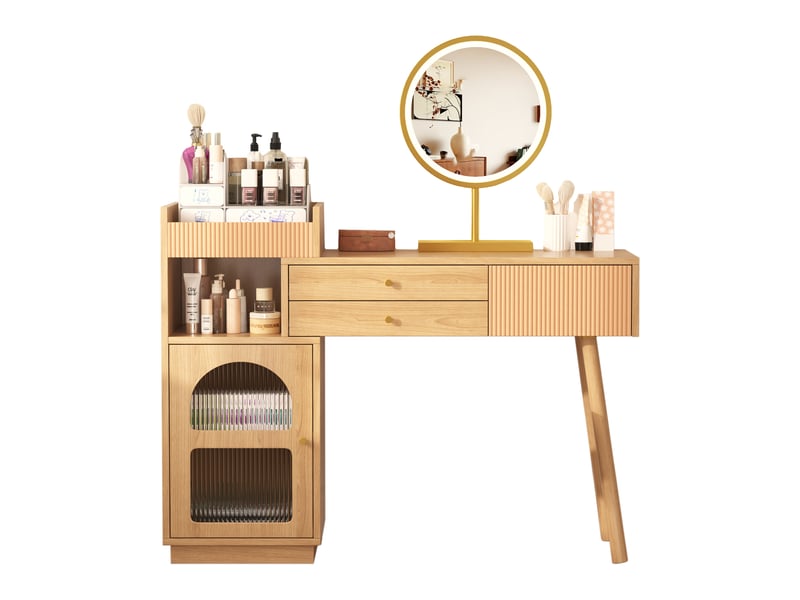  Coiffeuse avec miroir led 120x40x90cm rangement | style moderne effet chêne et verre cannelé | 3 tiroirs charge 50kg - bois naturel  - Conforama A