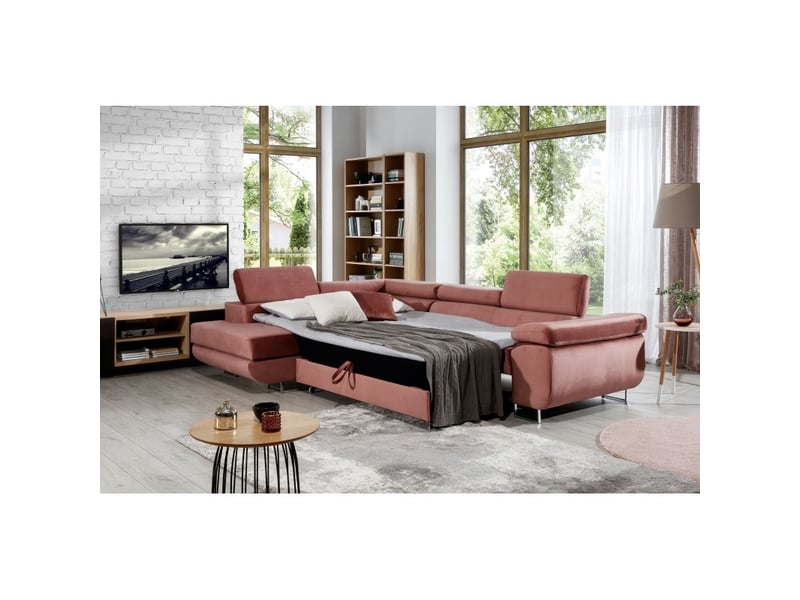  Canapé d'angle convertible menton rose velours – angle gauche avec coffre  - Conforama D