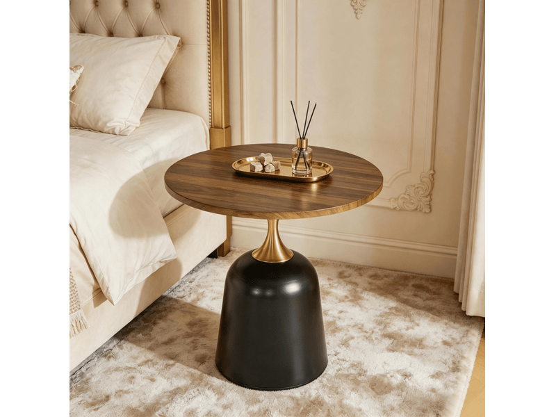  Table d’appoint ronde en mélamine et métal noyer et noir  - Conforama C