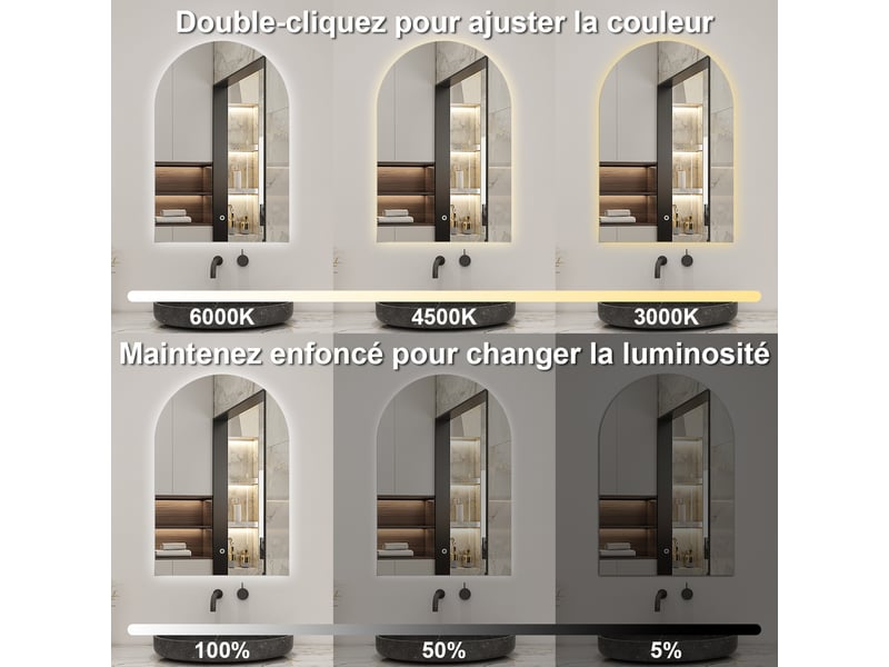  Aica miroir salle de bain arqué, 75x50cm, 3 couleurs, anti-buée, mémoire, rétroéclairage  - Conforama C