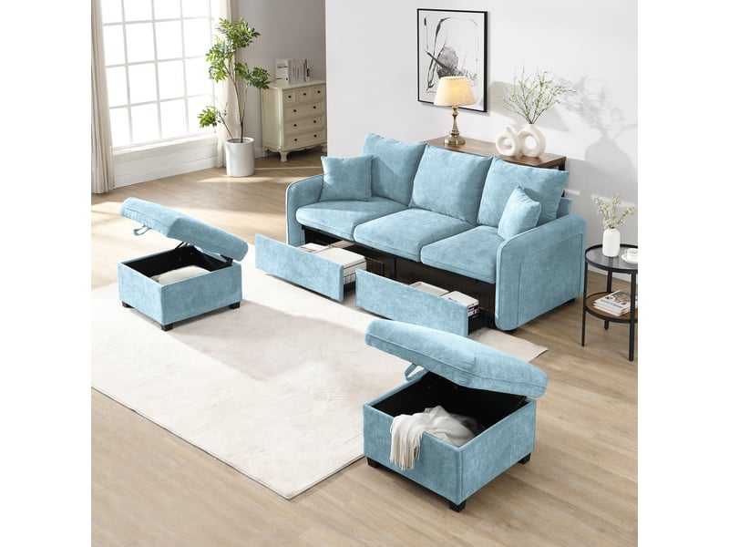  Canapé d'angle 3 places en tissu chenille, 2 poufs à rangement, tiroirs intégrés, convertible en l ou en lit  - Conforama W