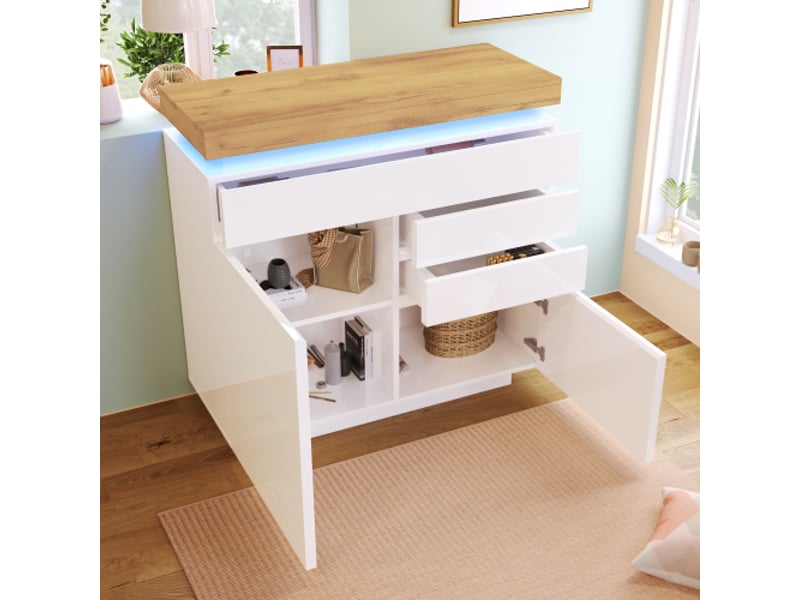 Buffet haut blanc brillant, 2 portes et 3 tiroirs, led et contrôle par app, meuble salonchambre 115×110×39 cm - Conforama D