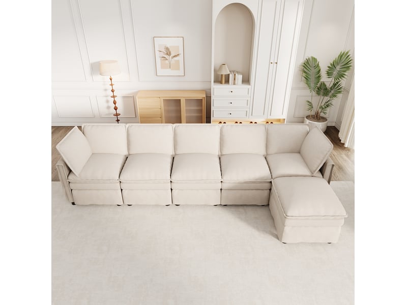  Canapé convertible modulable 6 places en chenille beige avec pouf mobile  - Conforama D