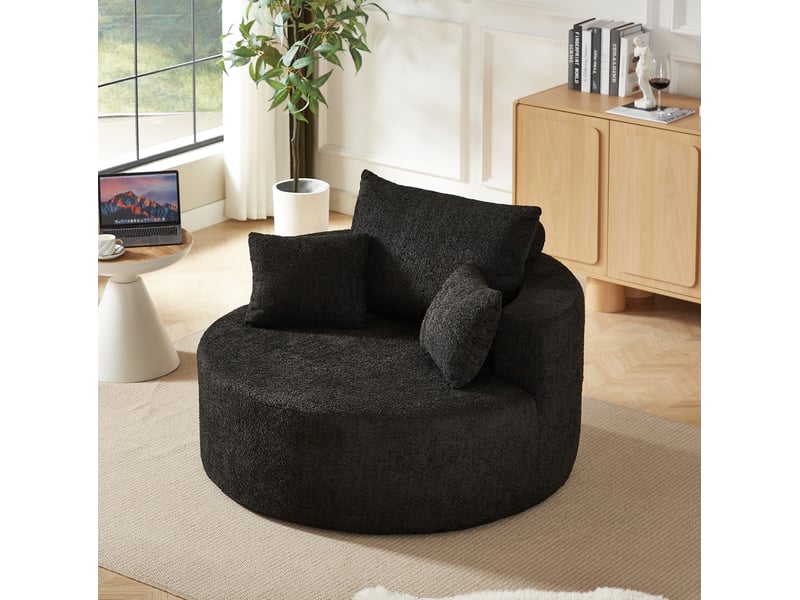  Fauteuil une place modenvie en chenille noire avec mousse, coussins et dossier, 127 x 127 x 82 cm, sans montage  - Conforama D