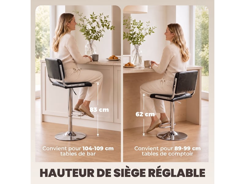 Lot de 2 tabourets de bar, hauteur réglable, pivotant 360°, siège rembourré, dossier et repose-pieds, noir  - Conforama R