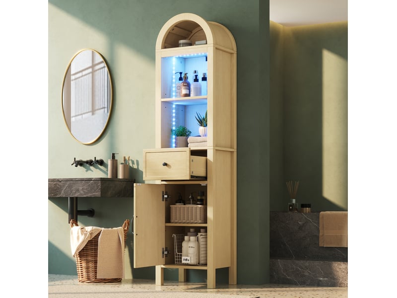 Armoire de salle de bain avec led, tiroir, rangements ouverts et porte réversible en mdf naturel 40 × 30 × 163 cm - Conforama D