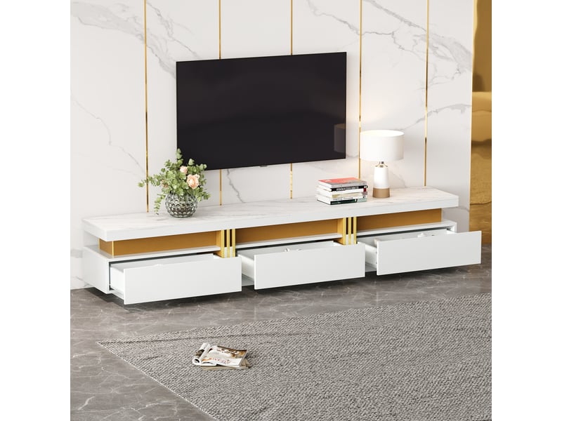  Meuble tv avec table basse, 3 tiroirs et 2 tiroirs, finition marbre, pour salon, blanc, en panneaux de particules  - Conforama B