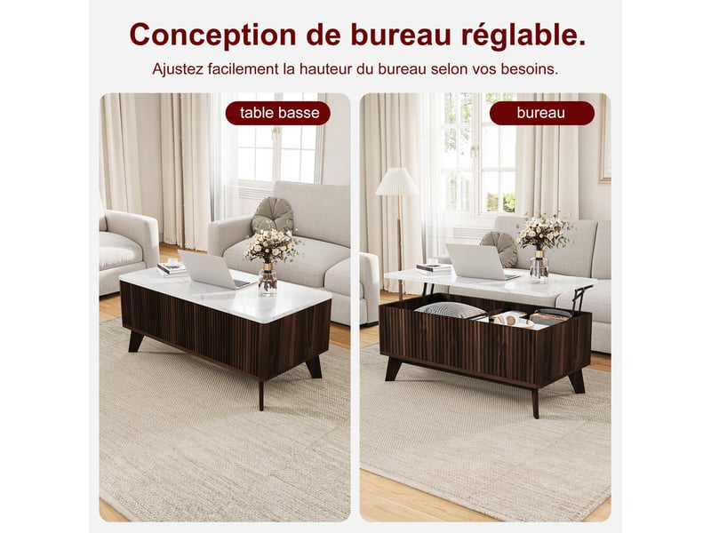  Table basse en bois réglable en hauteur avec espace de rangement - style scandinave - idéale pour le salon - couleur noyer  - Conforama D