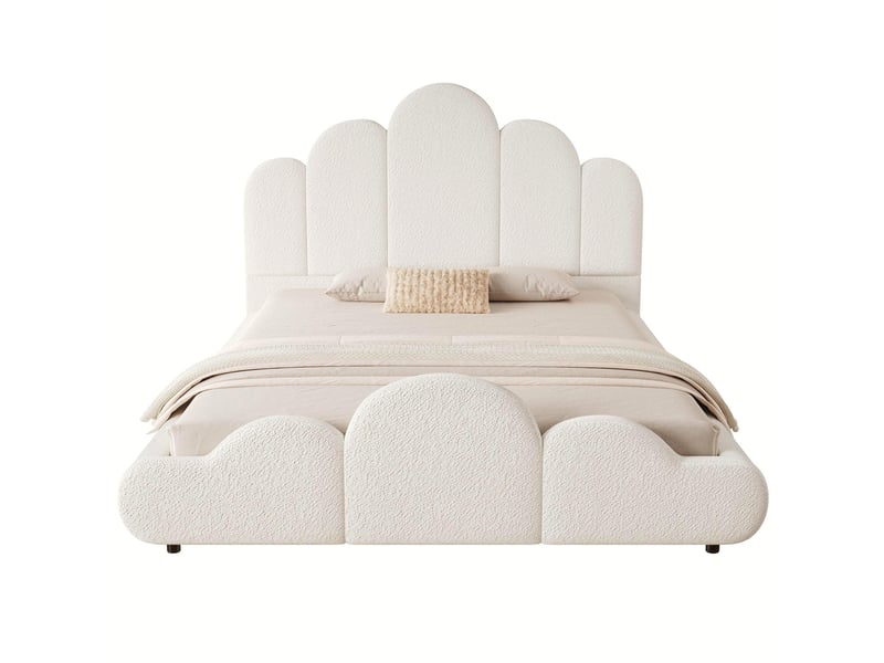  Lit enfant 140x200 capitonné beige tissu bouclette doux - design nuage avec bords arrondis sécurisés  - Conforama A