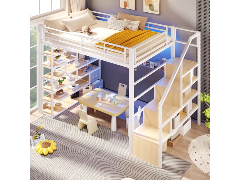  Lit mezzanine 140x200 cm, rangements escaliers, led, métal mdf blanc sans matelas  - Conforama B