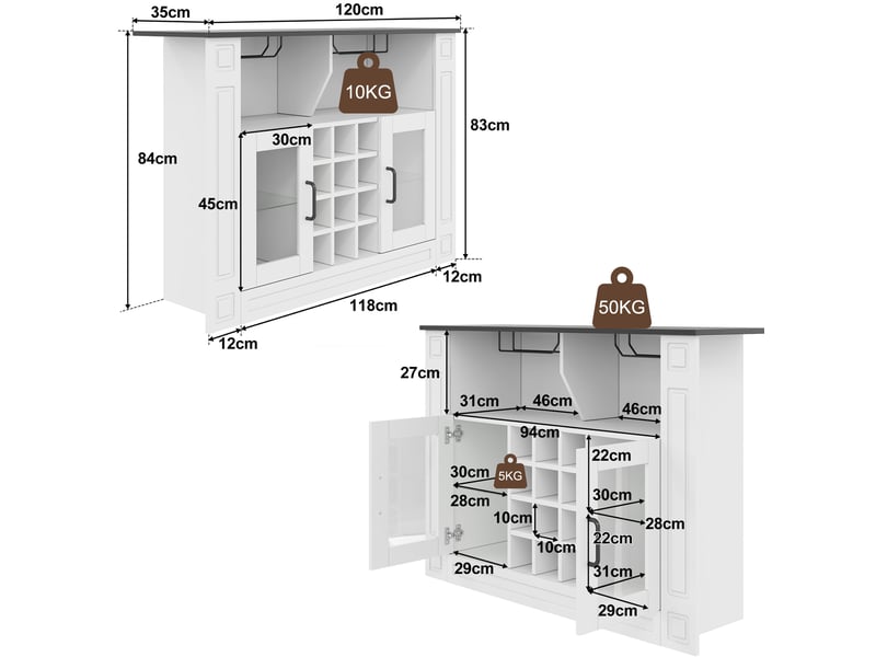  Buffet à vin avec led rgb 120x35x84 cm en mdf blanc, plateau noir  - Conforama C