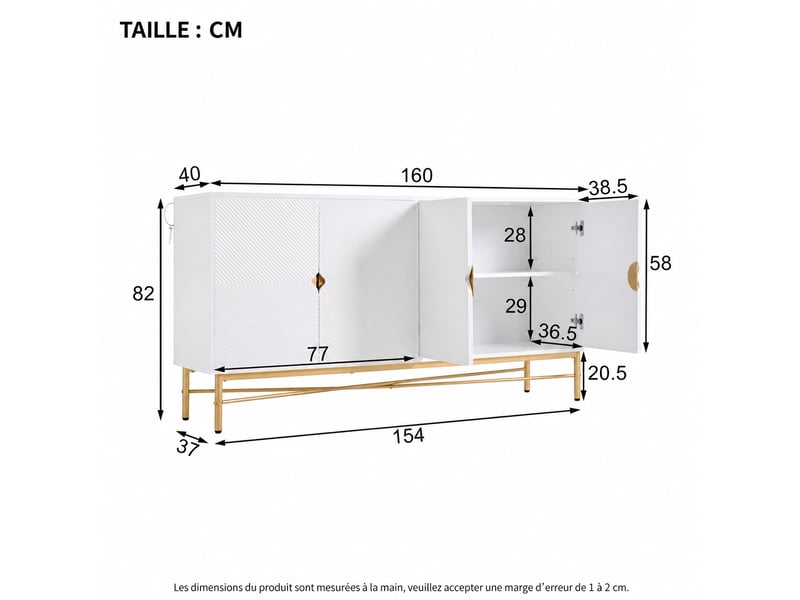 Buffet blanc quatre portes, façades en relief, poignées dorées brossées, fermeture amortie, 160 × 40 × 82 cm - Conforama C