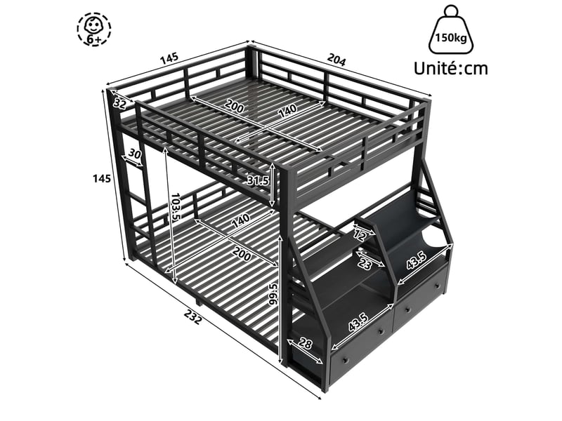  Lit superposé en métal, 140x200cm, avec éclairage led et 2 tiroirs en tissu, lit enfant avec barrières de sécurité, noir  - Conforama C