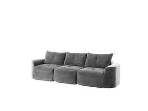 Canapé modulable 3 places couleur gris, configuration 2+1, design arrondi, mousse, revêtement côtelé