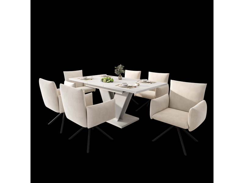 Table à manger rectangulaire extensible blanche en mdf 120-160 cm, 4 à 8 couverts, piètement en v design pour salle à manger - Conforama E